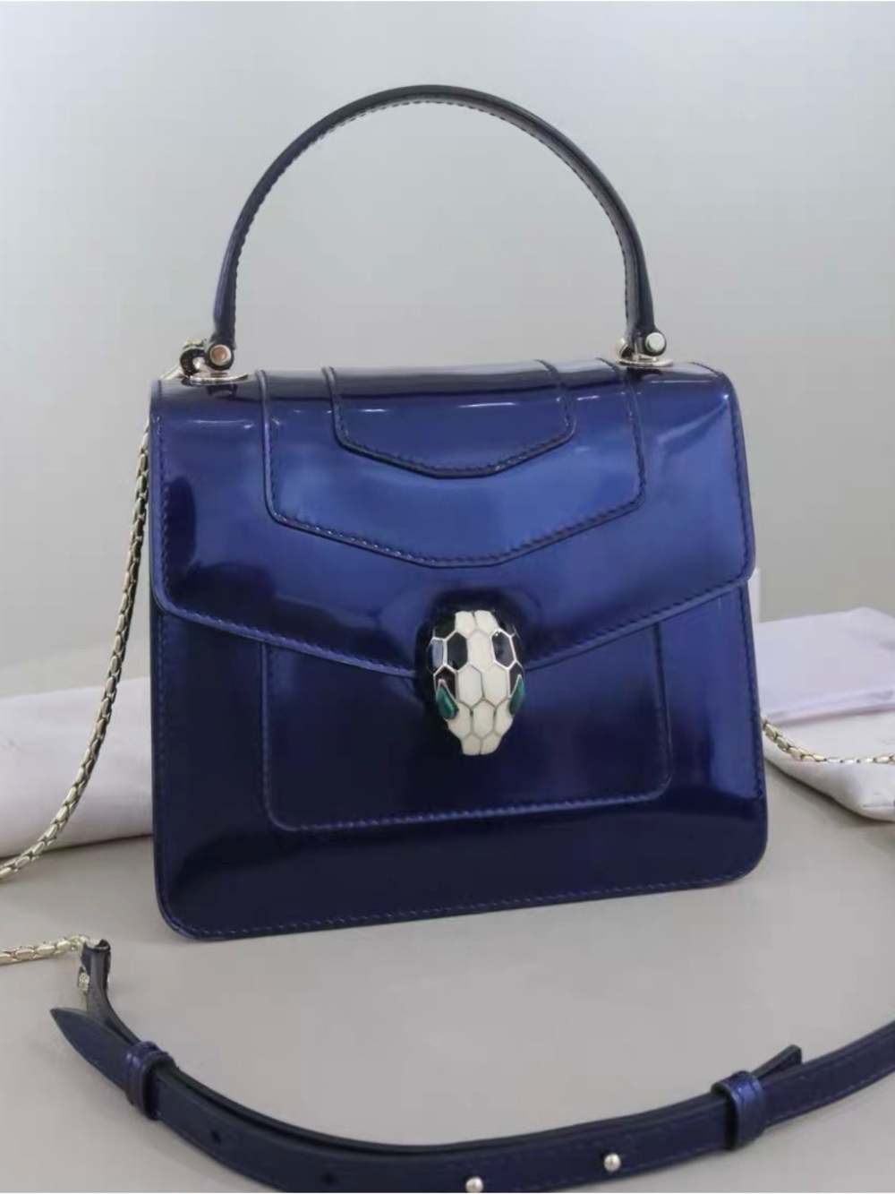 Bulgari Shiny Blue Patent Top-Handle Satchel with Serpent Head Clasp
